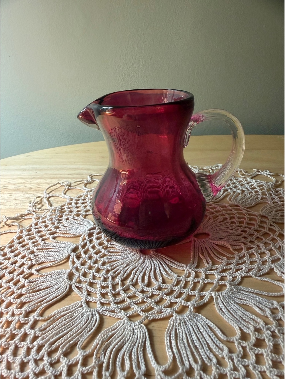 Vintage Cranberry Glass Pitcher with Clear Ribbed Handle by Rossi Glass
